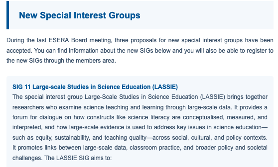 SIG 11 Large-scale Studies in Science Education (LASSIE) approved 